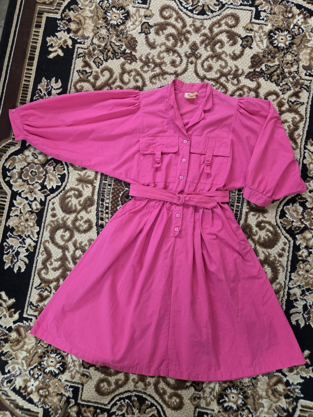 80s Hot Pink Cotton Button Up Midi Dress Batwing Sleeve Belt Barbie Tobi 1980